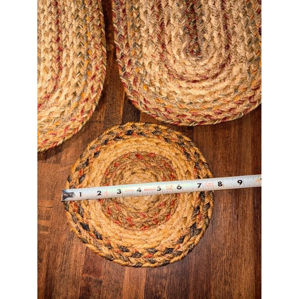 3pc Braided Jute Placemat Trivet Set Farmhouse Multi Color Oval Round Rustic